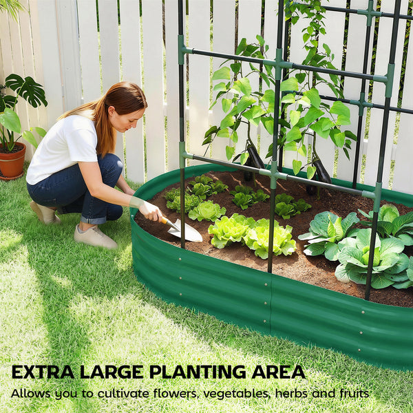 Galvanised Raised Garden Bed with Arched Trellis, 5 x 3 x 6ft Metal Outdoor Planter Box with Open Bottom Design, Modular Raised Bed with Gloves for Vegetable Flower, Easy Assembly, Green