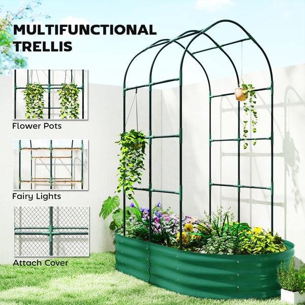 Galvanised Raised Garden Bed with Arched Trellis, 5 x 3 x 6ft Metal Outdoor Planter Box with Open Bottom Design, Modular Raised Bed with Gloves for Vegetable Flower, Easy Assembly, Green
