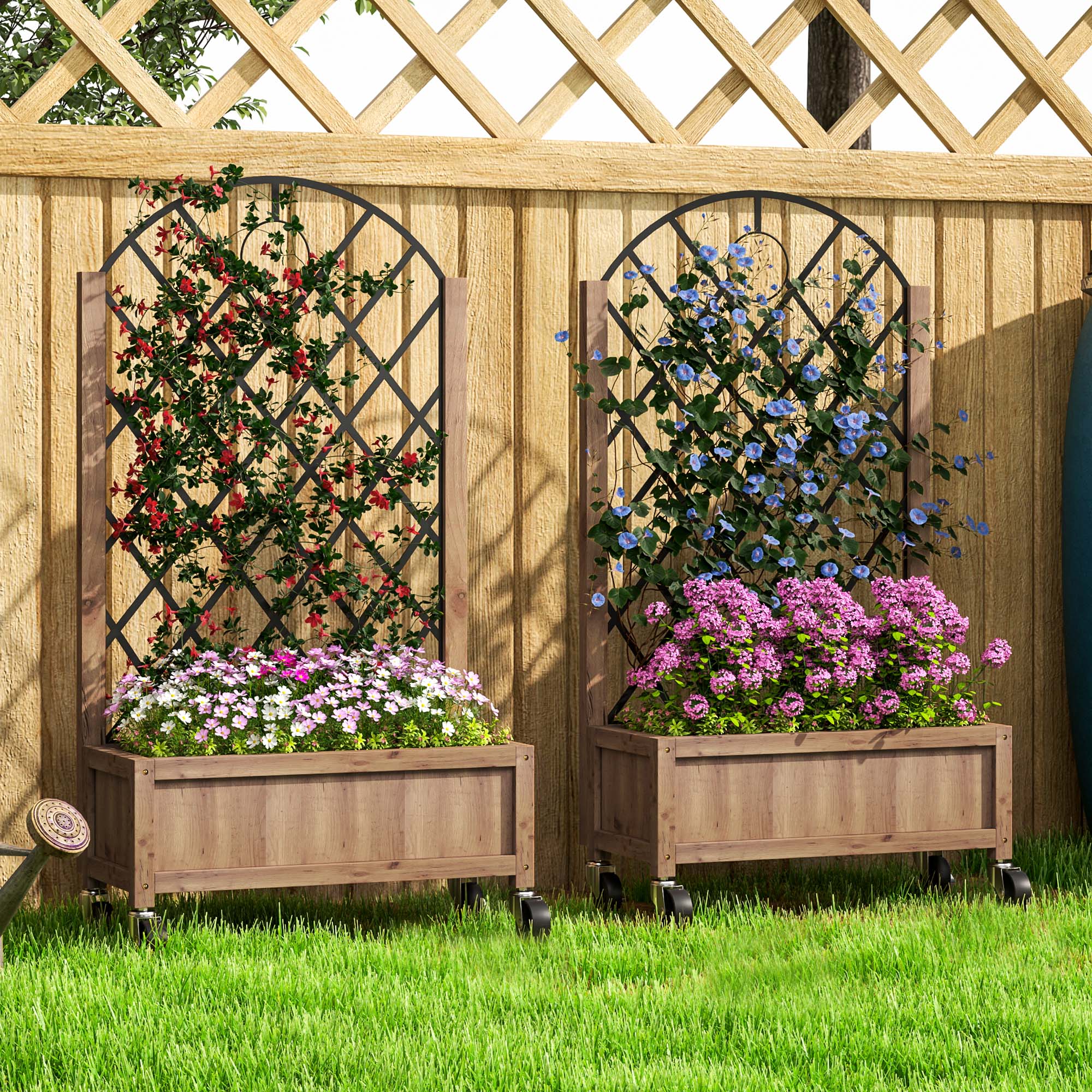 planter with trellis uk Outsunny Raised Garden Bed with Metal Trellis, Pack of 2 Wooden Elevated Planter Box with Wheels and Drainage Holes, Outdoor Raised Planter for