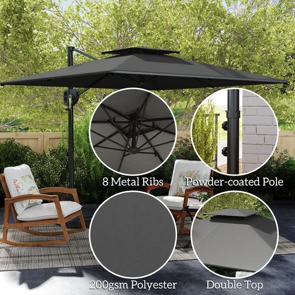 2.5m Garden Cantilever Parasol with Fillable Base, Up to 40kg, Double Top Garden Parasol, Square Overhanging Patio Umbrella with Crank Handle and Tilt for Outdoor Sun Shade, Dark Grey