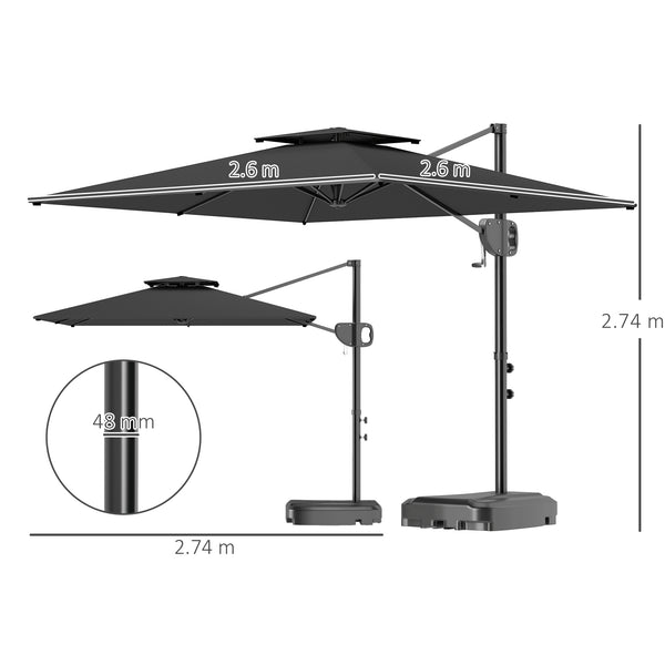 2.5m Garden Cantilever Parasol with Fillable Base, Up to 40kg, Double Top Garden Parasol, Square Overhanging Patio Umbrella with Crank Handle and Tilt for Outdoor Sun Shade, Dark Grey
