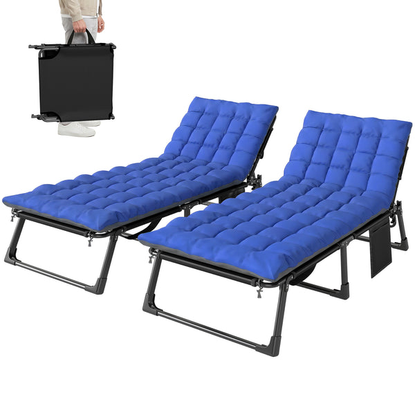Lounge Chair Outdoor Set of 2, 75 cm Wide Folding Chaise Lounge Tanning Chair, 5-Position Beach Patio Lounger Camping Cot Bed with Cushion, Side Pocket, Dark Grey/Blue