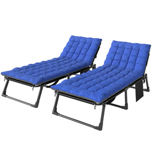 Lounge Chair Outdoor Set of 2, 75 cm Wide Folding Chaise Lounge Tanning Chair, 5-Position Beach Patio Lounger Camping Cot Bed with Cushion, Side Pocket, Dark Grey/Blue