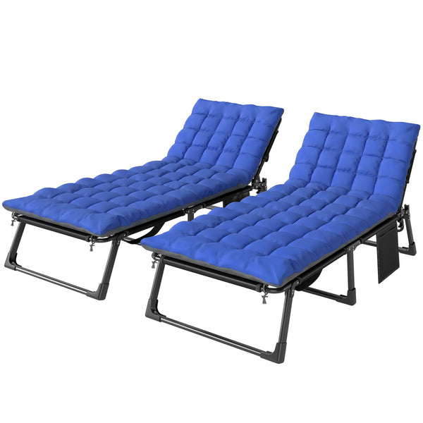Lounge Chair Outdoor Set of 2, 75 cm Wide Folding Chaise Lounge Tanning Chair, 5-Position Beach Patio Lounger Camping Cot Bed with Cushion, Side Pocket, Dark Grey/Blue