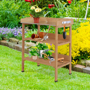 Outdoor Potting Bench, Wooden Potting Table with Storage Shelf, Metal Table Top, Hooks for Backyard, Patio, Balcony, Natural