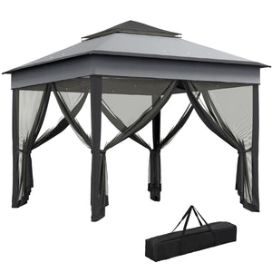 10.7 x 10.7ft Pop Up Camping Gazebo, Height Adjustable Instant Sun Shelter with UV30+ Roof Cover, Removable Mesh Curtains and Carrying Bag for Patio, Backyard, Dark Grey
