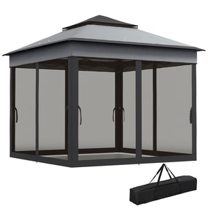 10.7 x 10.7ft Pop Up Camping Gazebo, Height Adjustable Instant Sun Shelter with UV30+ Roof Cover, Removable Mesh Curtains and Carrying Bag for Patio, Backyard, Dark Grey