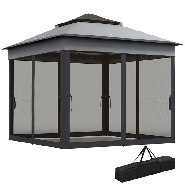 10.7 x 10.7ft Pop Up Camping Gazebo, Height Adjustable Instant Sun Shelter with UV30+ Roof Cover, Removable Mesh Curtains and Carrying Bag for Patio, Backyard, Dark Grey