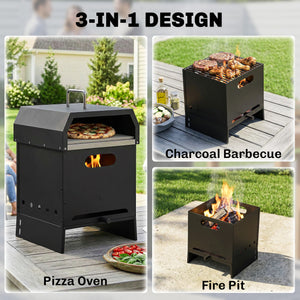 3 in 1 Outdoor Pizza Oven, Portable Wood Fired Pizza Maker with Handles, Stone and Peel, Charcoal BBQ Grill for Garden, Party, Camping, Picnic