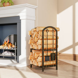 17 Inch Firewood Rack with 4 Fireplace Tools, 2-Tier Heavy Duty Steel Log Store Indoors with Hooks, 220 lb Capacity Fireplace Log Storage Holder for Outdoor, Coffee Brown