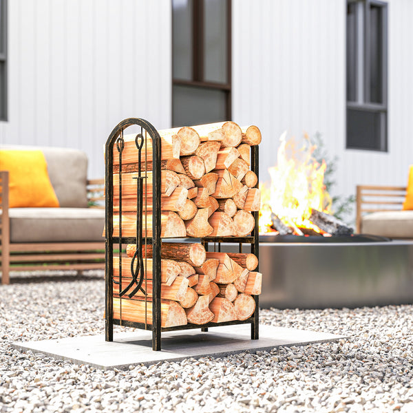 17 Inch Firewood Rack with 4 Fireplace Tools, 2-Tier Heavy Duty Steel Log Store Indoors with Hooks, 220 lb Capacity Fireplace Log Storage Holder for Outdoor, Coffee Brown