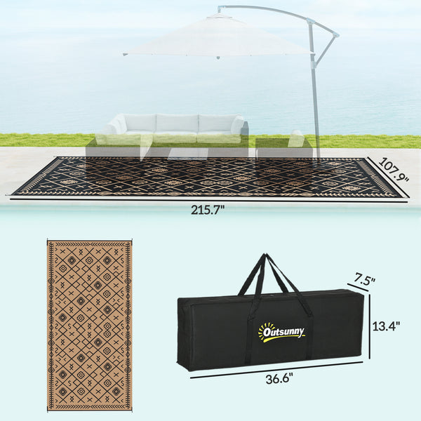 Outsunny Reversible Outdoor Rug, 9' x 18' Waterproof Plastic Straw Floor Mat, Portable RV Camping Carpet, Large Floor Mat for Backyard, Deck, Picnic, Beach, Black & Brown Rhombus