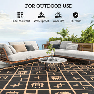 Outsunny Reversible Outdoor Rug, 9' x 18' Waterproof Plastic Straw Floor Mat, Portable RV Camping Carpet, Large Floor Mat for Backyard, Deck, Picnic, Beach, Black & Brown Rhombus