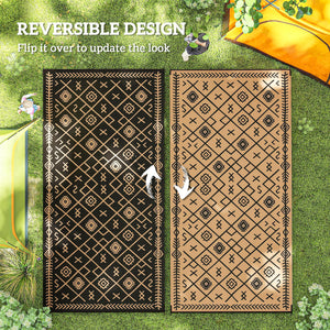 Outsunny Reversible Outdoor Rug, 9' x 18' Waterproof Plastic Straw Floor Mat, Portable RV Camping Carpet, Large Floor Mat for Backyard, Deck, Picnic, Beach, Black & Brown Rhombus