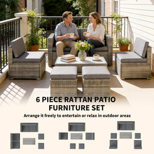 6 Piece Rattan Garden Furniture Set, 6 Seater Nesting Wicker Patio Conversation Set with Loveseat, 2 Chairs, Glass Top Table, 2 Footstools, Cushions, Adjustable Pads for Outdoor, Dark Grey