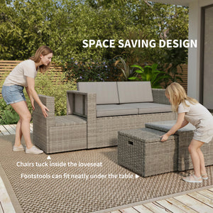 6 Piece Rattan Garden Furniture Set, 6 Seater Nesting Wicker Patio Conversation Set with Loveseat, 2 Chairs, Glass Top Table, 2 Footstools, Cushions, Adjustable Pads for Outdoor, Dark Grey