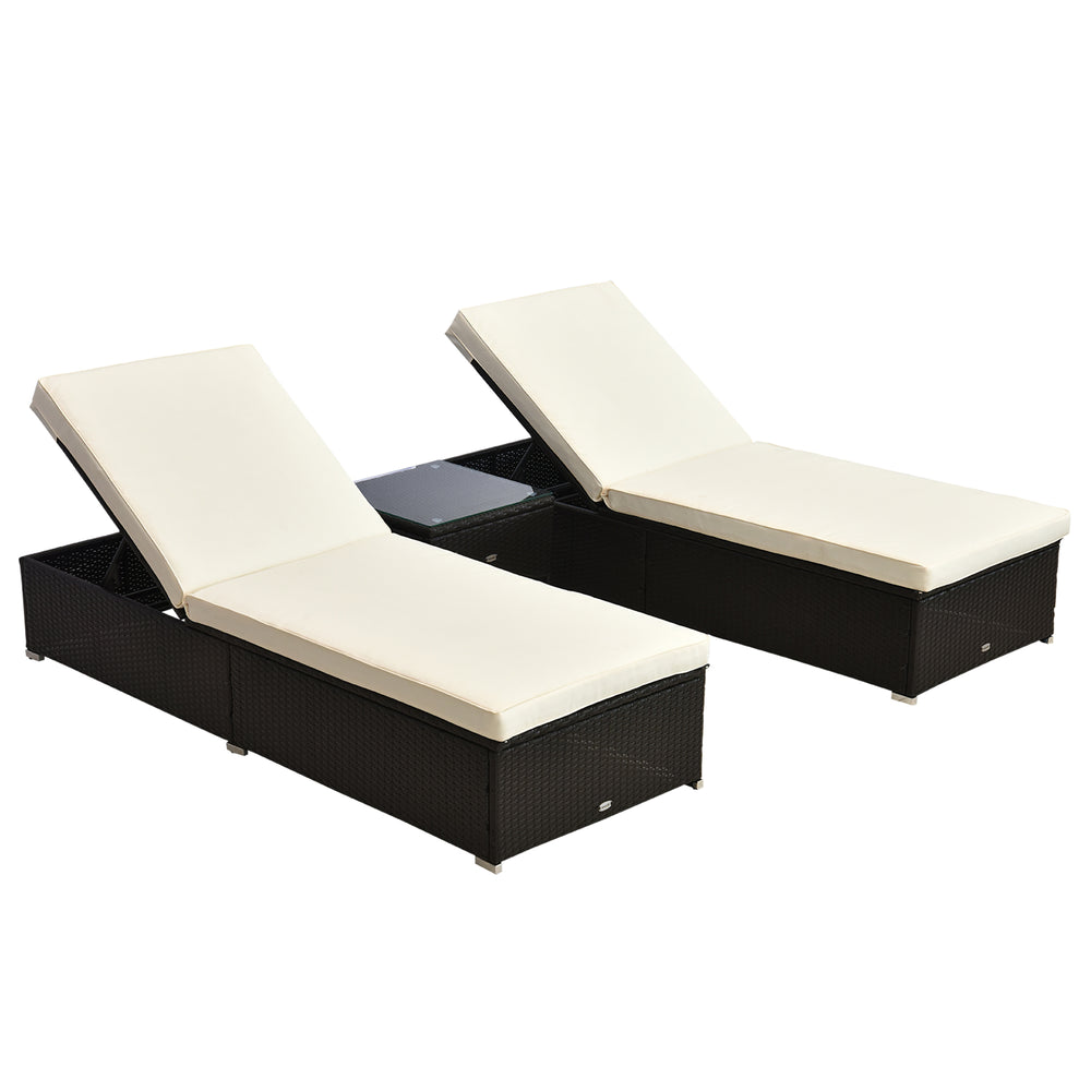 Outsunny Chaise Lounge Chair Set of 2 with 5 Angle Backrest, Outdoor Coffee Table, Water Repellent Cushions, PE Rattan Wicker Poolside Chairs, 3-Piece Pool Furniture Set, Cream White