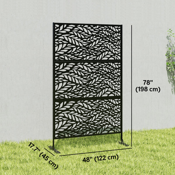 Metal Outdoor Privacy Screen, 78" x 48" Freestanding Outdoor Divider with Stand, Decorative Privacy Panel with Willow Branch Cut-out Design for Garden Backyard, Black