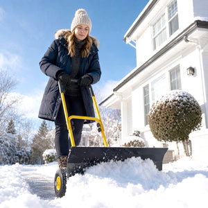 Snow Shovel with Wheels, 29" x 16.5" Heavy Duty Metal Snow Pusher with 5-Level Adjustable Handle, 5-Angle Blade and Non-Slip Grip, for Driveway, Sidewalks, Garden, Deck, Yellow