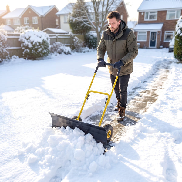 Snow Shovel with Wheels, 29" x 16.5" Heavy Duty Metal Snow Pusher with 5-Level Adjustable Handle, 5-Angle Blade and Non-Slip Grip, for Driveway, Sidewalks, Garden, Deck, Yellow