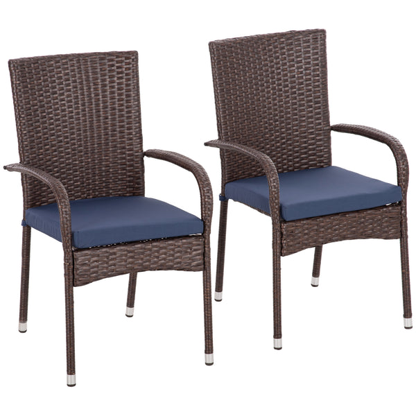 Outsunny Stackable PE Rattan Outdoor Dining Chairs with Cushions, Set of 2 Patio Wicker Dining Chairs with Armrests and Backrest for Patio, Deck, Blue