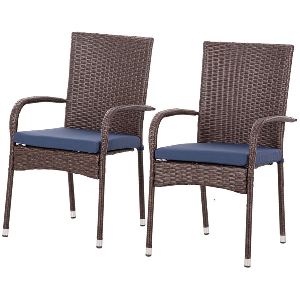 Outsunny Stackable PE Rattan Outdoor Dining Chairs with Cushions, Set of 2 Patio Wicker Dining Chairs with Armrests and Backrest for Patio, Deck, Blue