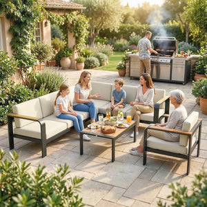 3 Pieces Garden Furniture Set with L-Shaped Sofa, Armchair and Coffee Table, Aluminium Garden Corner Sofa Set with Olefin Seat & Back Cushions, Wood Plastic Tabletop and Armrests, Beige