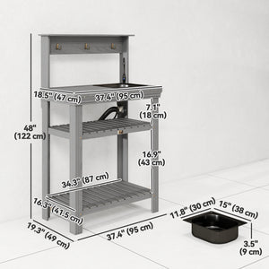 Outdoor Potting Bench Table with Faucet, Removable Sink, Hooks and Storage Shelves, Wood Work Bench Workstation for Greenhouse, Garden, Patio, Grey