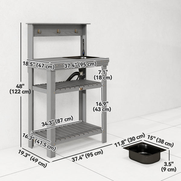 Outdoor Potting Bench Table with Faucet, Removable Sink, Hooks and Storage Shelves, Wood Work Bench Workstation for Greenhouse, Garden, Patio, Grey