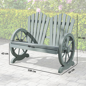 2 Seater Garden Bench, Comfortable Fir Wood Love Chair with Wagon Wheel-Shaped Armrests, Outdoor Adirondack Wooden Loveseats, Grey