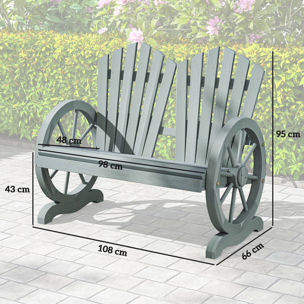 2 Seater Garden Bench, Comfortable Fir Wood Love Chair with Wagon Wheel-Shaped Armrests, Outdoor Adirondack Wooden Loveseats, Grey