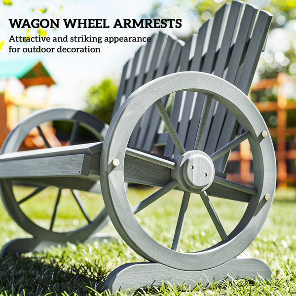 2 Seater Garden Bench, Comfortable Fir Wood Love Chair with Wagon Wheel-Shaped Armrests, Outdoor Adirondack Wooden Loveseats, Grey
