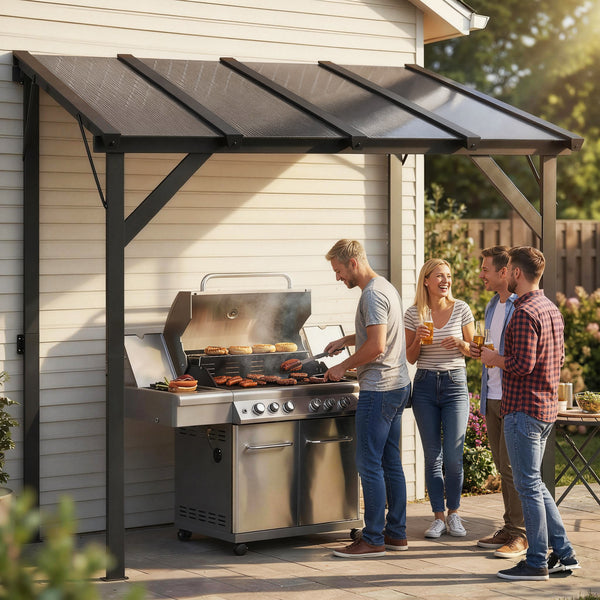 8' x 5' Hardtop Grill Gazebo, Lean-to BBQ Gazebo Shelter, Wall-Mounted Pergola with Polycarbonate Roof and Steel Frame, for Outdoor, Patio, Lawn, Garden, Patio, Backyard