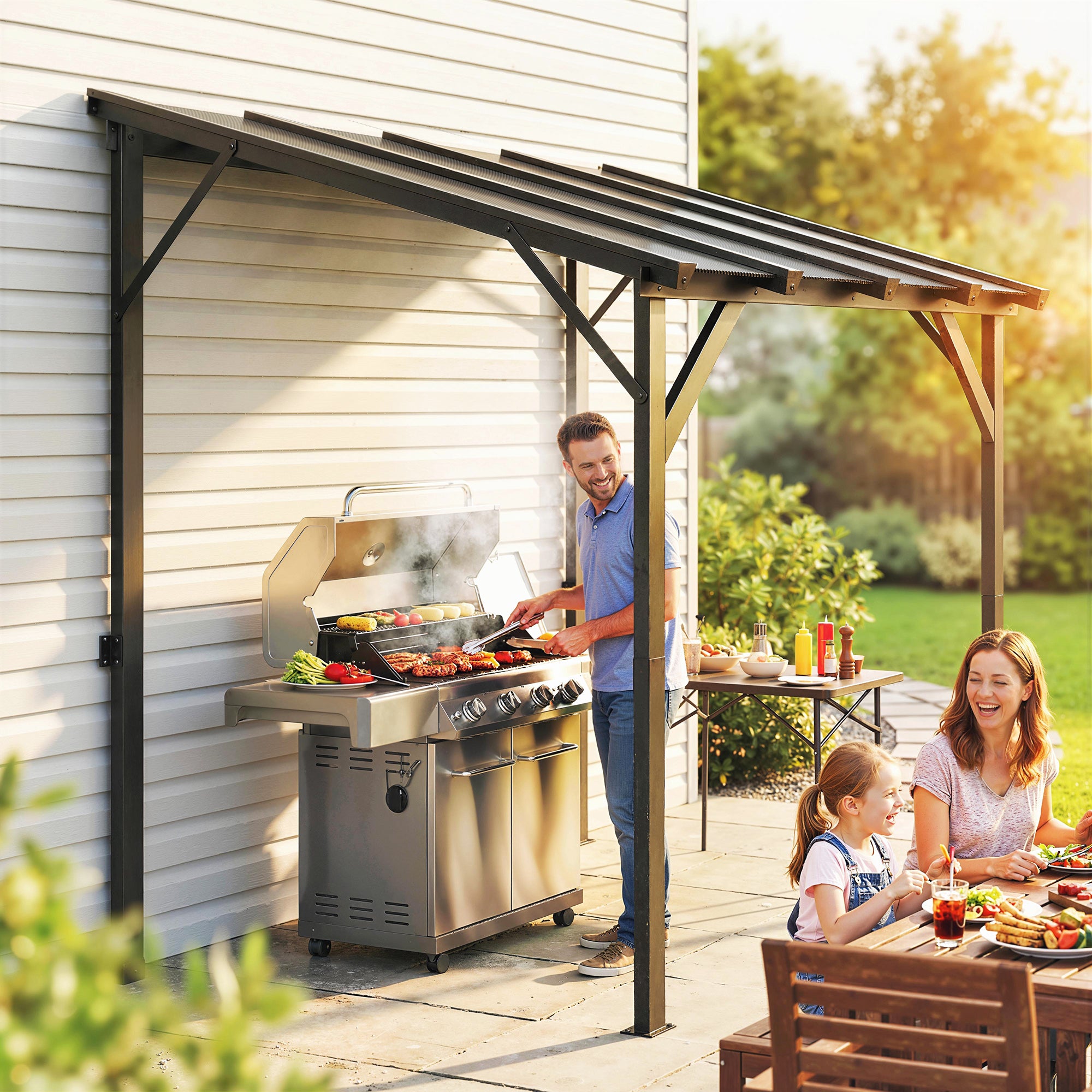 Outsunny Hardtop Grill Gazebo, Lean-to BBQ Shelter with Polycarbonate Roof for Outdoor, Patio, Lawn