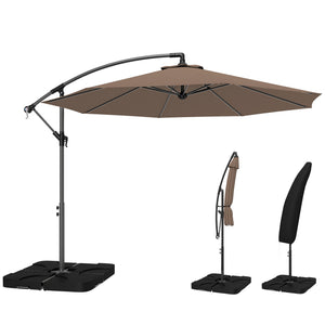 3 m Cantilever Parasol with Umbrella Weights, Cross Base, Offset Outdoor Umbrella with Protective Cover, Crank Handle, Hanging Sun Shade, Coffee