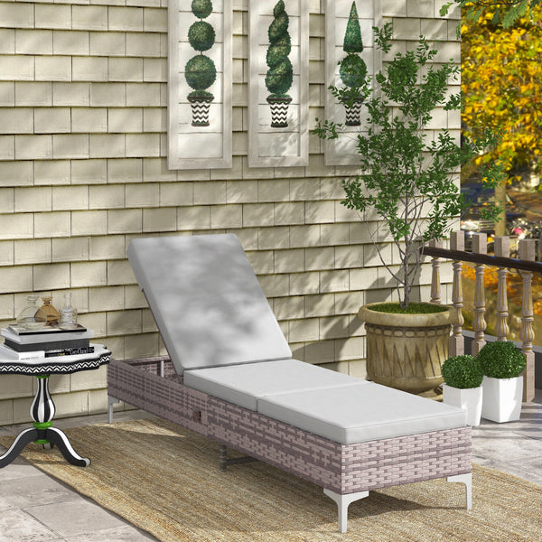 Outdoor PE Rattan Sun Lounger, Multi-position Backrest Adjustable Single Recliner Sunbed Daybed with Removeable & Washable Cushion, for Patio, Garden, Light Grey