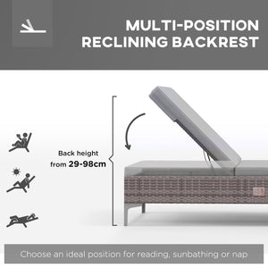 Outdoor PE Rattan Sun Lounger, Multi-position Backrest Adjustable Single Recliner Sunbed Daybed with Removeable & Washable Cushion, for Patio, Garden, Light Grey