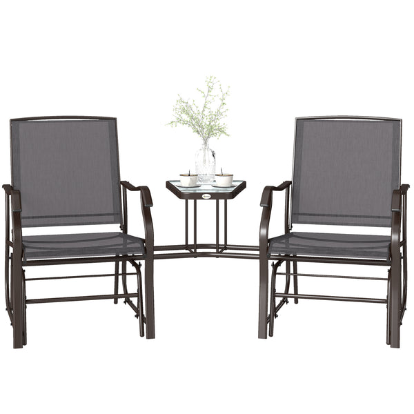 Outdoor Glider Chairs with Coffee Table, Patio 2-Seat Rocking Chair Swing Loveseat with Breathable Sling for Backyard, Garden, and Porch, Gray