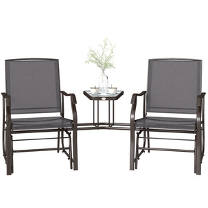Outdoor Double Glider Rocking Chairs with Glass Top Middle Table, Metal Gliding Love Seat Conversation Furniture with Breathable Mesh Fabric Seat, for Garden, Patio, Grey
