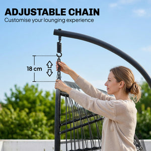 Hanging Egg Chair, Indoor Outdoor Hammock Swing Chair with Stand, Safety Strap, Foldable Basket, Thick Cushions, Headrest, Adjustable Height, Metal Frame for Garden Balcony, Black/Cream White