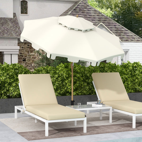 Outsunny 9' Patio Umbrella with Push Button Tilt and Crank, Double Top Ruffled Outdoor Market Table Umbrella with 8 Ribs, for Garden, Deck, Pool, Cream White