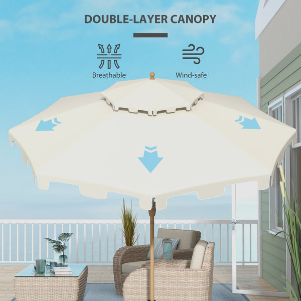 Outsunny 9' Patio Umbrella with Push Button Tilt and Crank, Double Top Ruffled Outdoor Market Table Umbrella with 8 Ribs, for Garden, Deck, Pool, Cream White