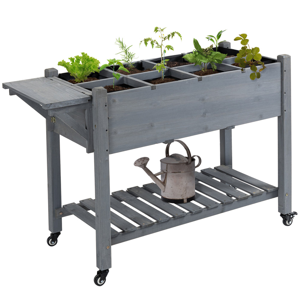 Outsunny Raised Garden Bed with 8 Grow Grids, Wooden Outdoor Plant Box Stand with Folding Side Table and Wheels, 49" x 21" x 34", for Vegetables, Flowers, Herbs, Gray