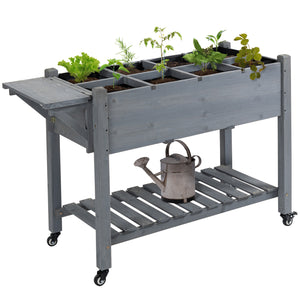 Outsunny Raised Garden Bed with 8 Grow Grids, Wooden Outdoor Plant Box Stand with Folding Side Table and Wheels, 49" x 21" x 34", for Vegetables, Flowers, Herbs, Gray