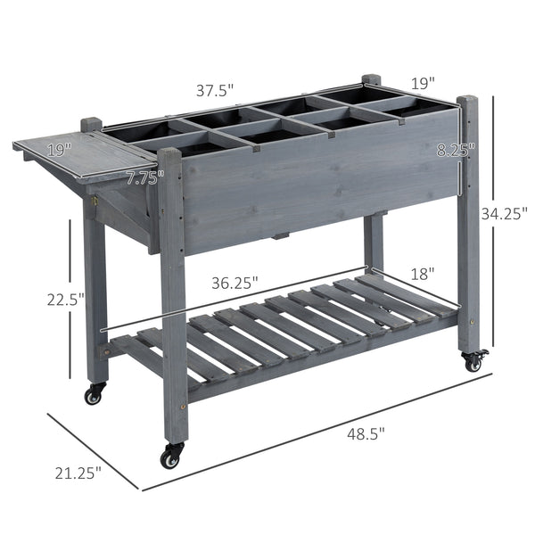 Outsunny Raised Garden Bed with 8 Grow Grids, Wooden Outdoor Plant Box Stand with Folding Side Table and Wheels, 49" x 21" x 34", for Vegetables, Flowers, Herbs, Gray