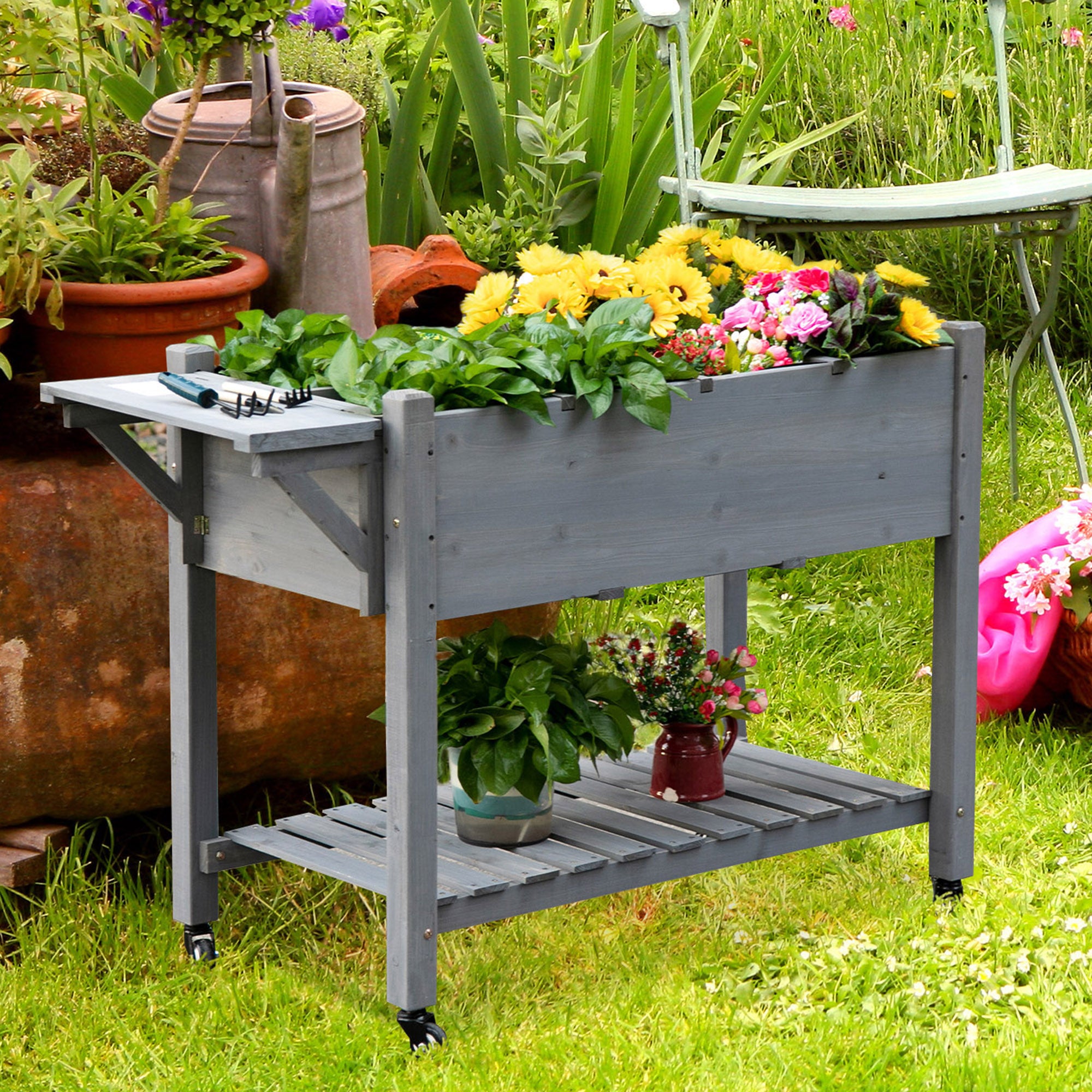planter box rack Outsunny Raised Garden Bed Planter Box w/ 8 Grow Grids, Storage Shelf & Lockable Wheels
