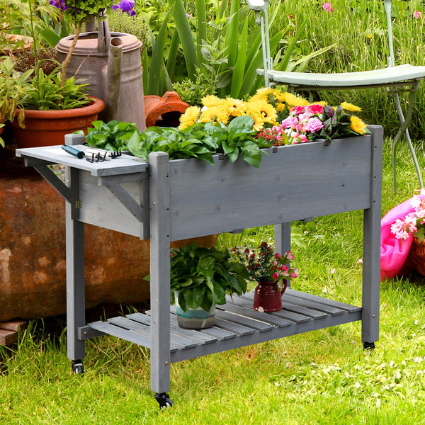 Outsunny Raised Garden Bed with 8 Grow Grids, Wooden Outdoor Plant Box Stand with Folding Side Table and Wheels, 49" x 21" x 34", for Vegetables, Flowers, Herbs, Gray