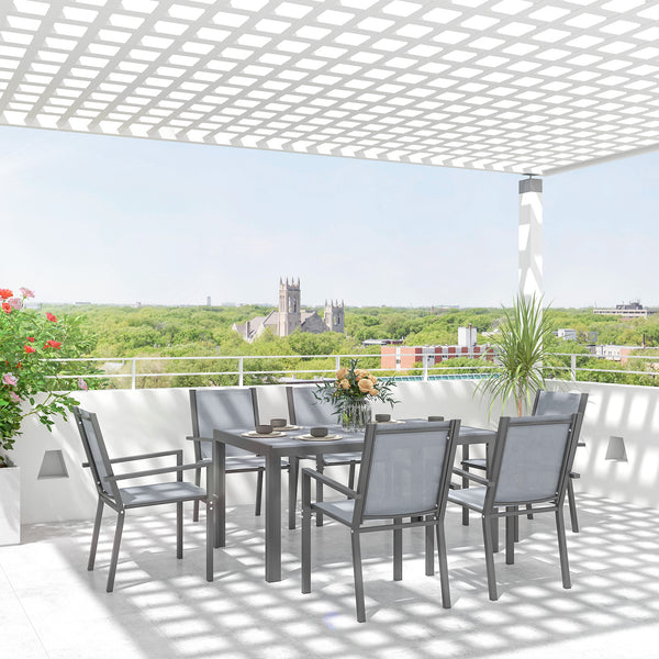 7 Piece Patio Dining Set, Outdoor Dining Table and 6 Stackable Chairs, Metal Patio Furniture Set with WPC Top, Breathable Mesh for Garden, Backyard, Poolside, Light Grey