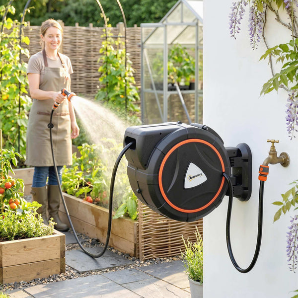 Retractable Hose Reel Wall Mounted, 28+2m Garden Hose Pipe Reel with Auto Retraction, Self-Locking, Slow Return System, 180° Swivel Bracket, 12-Pattern Nozzles and Faucet Adaptor, Orange