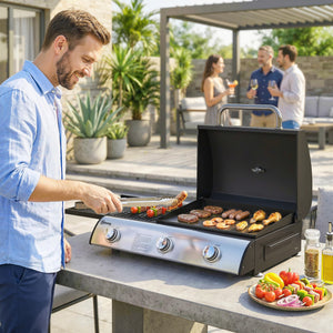 3 Burner Portable Gas Plancha BBQ Grill, 8.1 kW Outdoor Tabletop Gas Barbecue Grill with Griddle, Convertible Side Shelf, Built-in Thermometer, Lid, Adjustable Foot Pads for Camping, Black